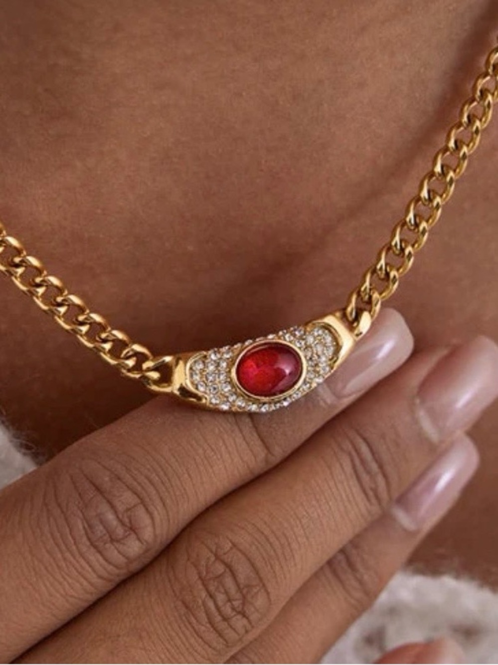 Gold Chain Necklace with Red Gemstone Accent
